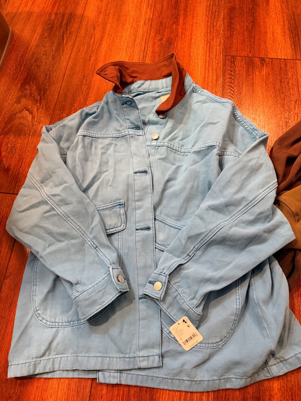 Free People  Blue Denim Jacket with Brown Collar